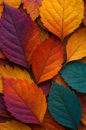Close-up of colorful autumn leaves create a vibrant, textured seasonal botanical background image.の素材