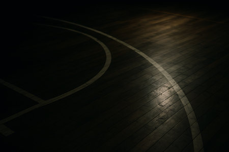 Dark wood surface of a basketball court, illuminated by a spotlight, enhancing the grain pattern.の素材