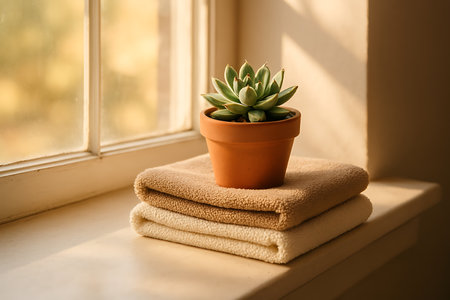 Still life captures a succulent in a pot atop neatly folded towels near a sunlit window sill.の素材