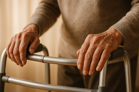 Close up shows elderly hands holding onto a walker, suggesting support and mobility assistance.の素材