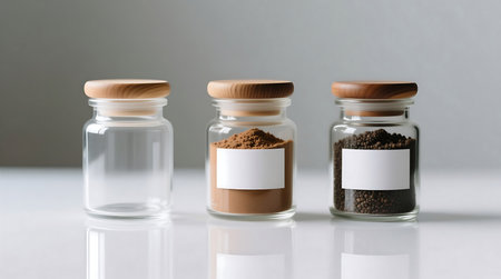 Clean, minimalist shot of three glass jars with wooden lids on a reflective white surface One jar is empty, another holds brown powder, and the third contains dark grainsの素材