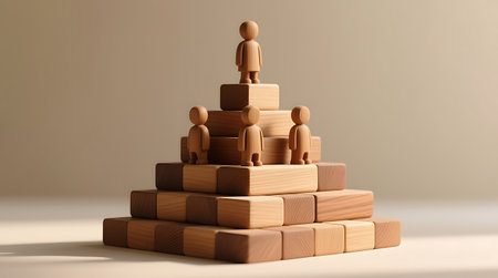 Wooden figures stand on a pyramid of blocks, illustrating concepts of business hierarchy, leadership, and team progression The minimalist design conveys growthの素材