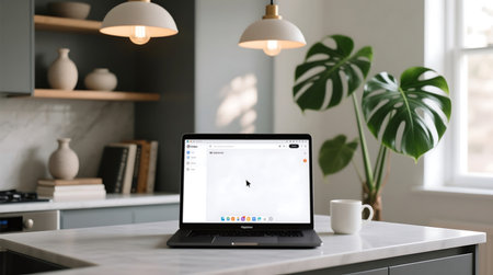 Modern kitchen counter with a laptop displaying a web application, a white mug, and a vibrant Monstera plant, bathed in natural lightの素材