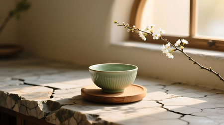 Sunlit scene features a light green bowl on a wooden coaster, next to delicate white blossoms on a unique cracked marble counterの素材