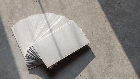 Neatly fanned out stack of blank white cards on a grey concrete background with sharp, geometric shadowsの素材