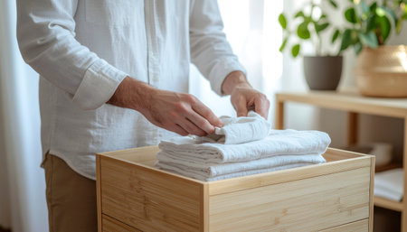 Persons hands meticulously folding fresh white linens into a natural wooden storage box, highlighting organization and domestic tidinessの素材