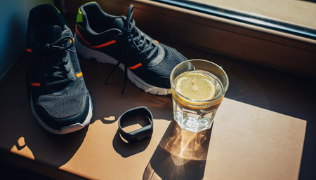 Running shoes, fitness tracker, and refreshing lemon water on a sunlit windowsill for a healthy lifestyle Sunlight creates vibrant reflections on the glassの素材