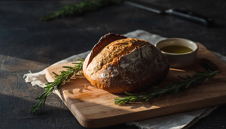 Rustic artisan sourdough bread, fresh rosemary, and olive oil on a wooden board Natural light creates shadows and textureの素材