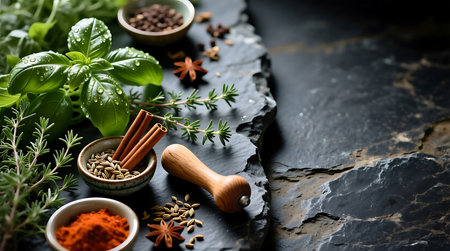 Collection of fresh green herbs and assorted dried spices artfully arranged on a dark stone background, creating a culinary compositionの素材