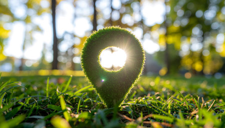 Green grass textured location pin stands on a lush lawn, back lit by the bright sun, creating a natural and sustainable navigation conceptの素材