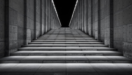 Monochrome architectural concrete staircase with linear lighting guiding the ascent towards a bright opening in darknessの素材