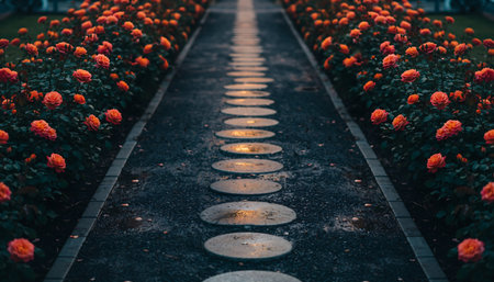Tranquil garden path features luminous stepping stones, bordered by lush bushes of beautiful orange roses and fallen petalsの素材