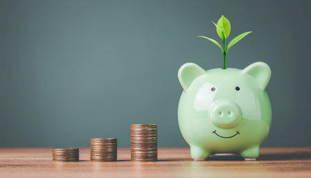 Light green piggy bank with a plant growing out, beside ascending coin stacks on a wooden table, symbolizing financial growth and investmentの素材