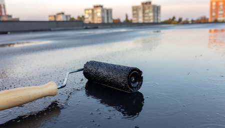 Close up shows a paint roller applying black liquid waterproofing on a wet flat rooftop surface Blurred city buildings are visible in the backgroundの素材