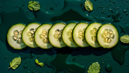 Bright cucumber slices and fresh mint leaves are neatly arranged on a dark green, wet surface with glistening water droplets, creating a refreshing visualの素材