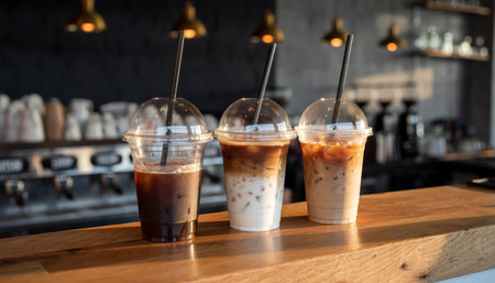 Refreshing iced coffee, latte, and iced Americano in clear plastic cups with straws, basking in sunlight on a rustic wooden cafe counterの素材