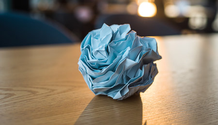 Crumpled light blue paper ball rests on a textured wooden table, illuminated by sunlight casting strong shadows Bokeh lights subtly blur the backgroundの素材