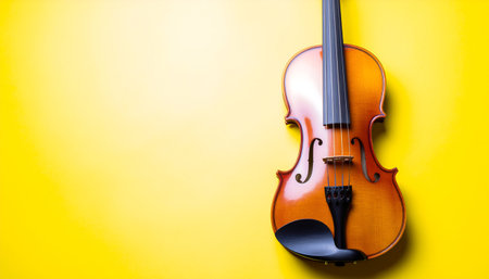 Classic wooden violin, perfectly placed on a bright yellow surface, creating a striking and minimalist compositionの素材