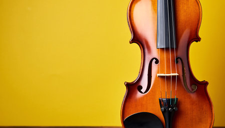 Close up of a classical wooden violin, showcasing its f holes, strings, and warm brown tones against a vibrant yellow backdropの素材