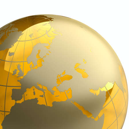 Amber globe with golden continents on white background. Detailの写真素材