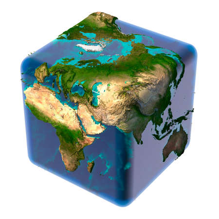 Earth as a cube with translucent body of water and a detailed relief map of the continents and ocean floorの写真素材