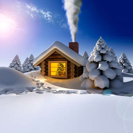 A small cottage in the fairy forest in snowy New Year's Eve. Around the hut on the snow trailsの写真素材