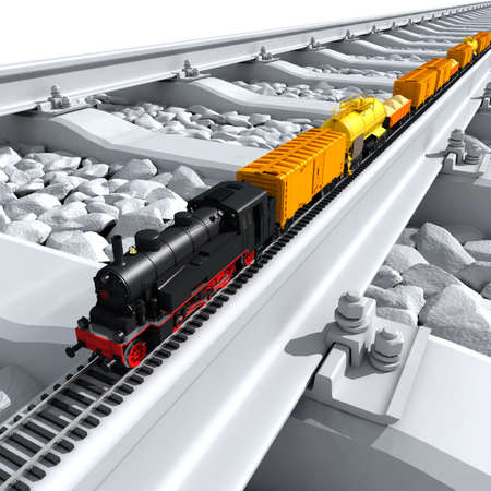 A miniature model of the train - a steam locomotive, railway wagons, tank, platform with sand - on a full-scale railの写真素材