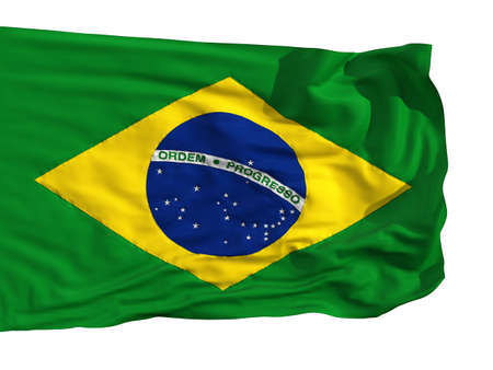 Flag of Brazil, fluttered in the wind. Sewn from pieces of cloth, a very realistic detailed flags waving in the wind, with the texture of the material, isolated on a white backgroundの写真素材