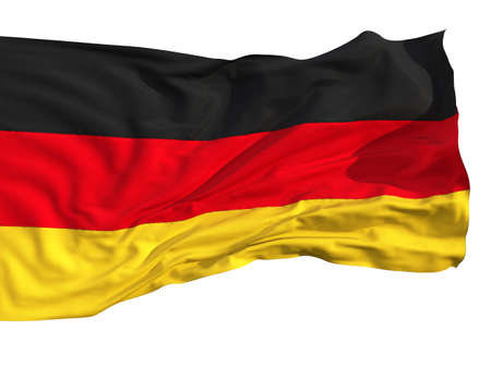 Flag of Germany, fluttered in the wind. Sewn from pieces of cloth, a very realistic detailed flags waving in the wind, with the texture of the material, isolated on a white backgroundの写真素材