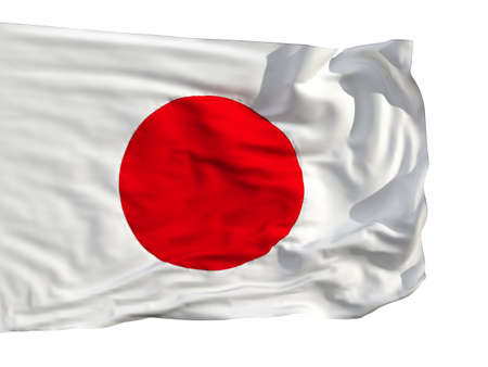 Flag of Japan, fluttered in the wind. Sewn from pieces of cloth, a very realistic detailed flags waving in the wind, with the texture of the material, isolated on a white backgroundの写真素材