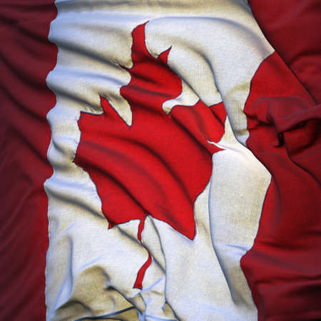 Flag of Canada, fluttering in the breeze, backlit rising sun, fluttered in the wind.Sewn from pieces...