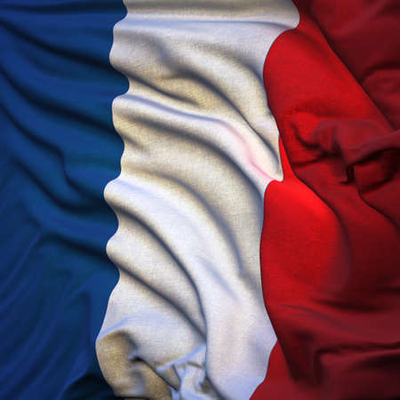 Flag of France, fluttering in the breeze, backlit rising sun. Sewn from pieces of cloth, a very realistic detailed state flag with the texture of fabric fluttering in the breeze, backlit by the rising sun lightの写真素材