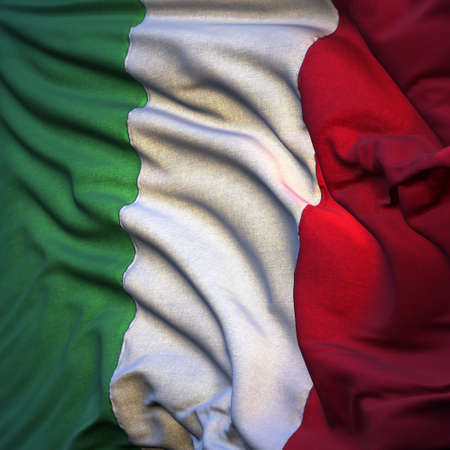Flag of Italy, fluttering in the breeze, backlit rising sun. Sewn from pieces of cloth, a very realistic detailed state flag with the texture of fabric fluttering in the breeze, backlit by the rising sun lightの写真素材