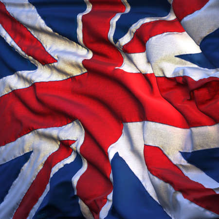 Flag of the United Kingdom, fluttering in the breeze, backlit rising sun. Sewn from pieces of cloth,...