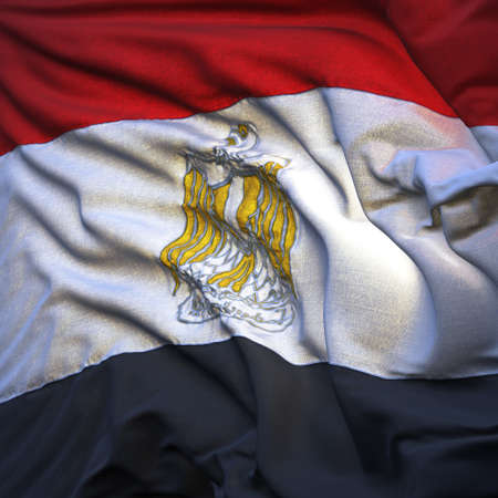 Flag of Egypt, fluttering in the breeze, backlit rising sun. Sewn from pieces of cloth, a very realistic detailed state flag with the texture of fabric fluttering in the breeze, backlit by the rising sun lightの写真素材