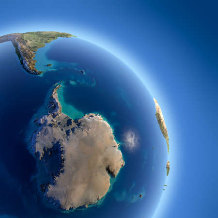 A fragment of the Earth with high relief, detailed surface, translucent ocean and atmosphere, illuminated by sunlightの写真素材