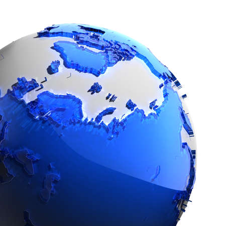 A fragment of the globe with the continents of thick faceted blue glass, which falls on hard light, creating a caustic glare on faces. Isolated on white backgroundの写真素材