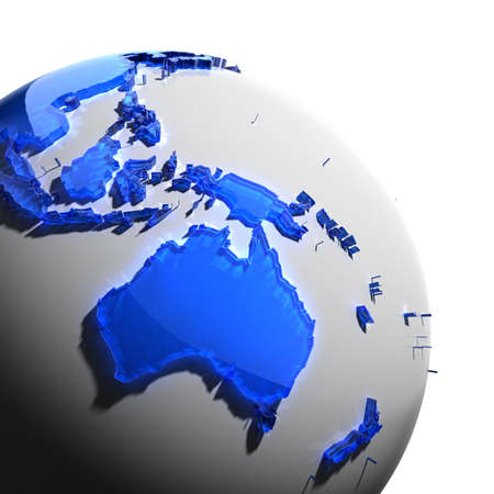 A fragment of the globe with the continents of thick faceted blue glass, which falls on hard light, creating a caustic glare on faces. Isolated on white backgroundの写真素材