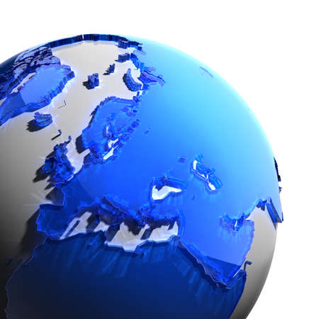 A fragment of the globe with the continents of thick faceted blue glass, which falls on hard light, creating a caustic glare on faces. Isolated on white backgroundの写真素材