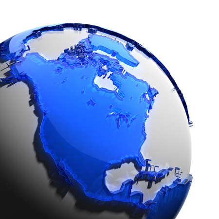 A fragment of the globe with the continents of thick faceted blue glass, which falls on hard light, creating a caustic glare on faces. Isolated on white backgroundの写真素材