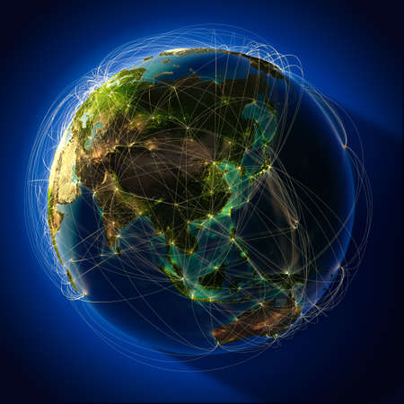 Highly detailed planet Earth at night, lit from behind the evening sun, with embossed continents, illuminated by light of cities, translucent and reflective ocean. Earth is surrounded by a luminous network, representing the major air routes based on real の写真素材
