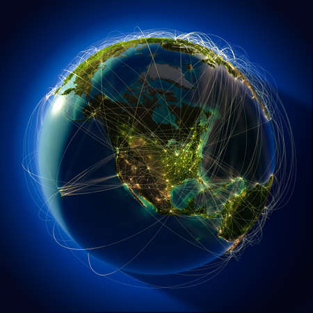 Highly detailed planet Earth at night, lit from behind the evening sun, with embossed continents, illuminated by light of cities, translucent and reflective ocean. Earth is surrounded by a luminous network, representing the major air routes based on real の写真素材