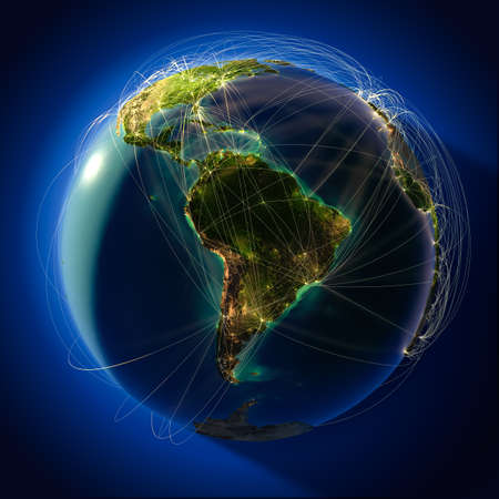 Highly detailed planet Earth at night, lit from behind the evening sun, with embossed continents, illuminated by light of cities, translucent and reflective ocean. Earth is surrounded by a luminous network, representing the major air routes based on real の写真素材