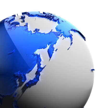 A fragment of the globe with the continents of thick faceted blue glass, which falls on hard light, creating a caustic glare on faces. Isolated on white backgroundの写真素材