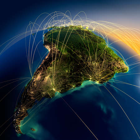Highly detailed planet Earth at night with embossed continents, illuminated by light of cities, translucent and reflective ocean  Earth is surrounded by a luminous network, representing the major air routes based on real dataの写真素材