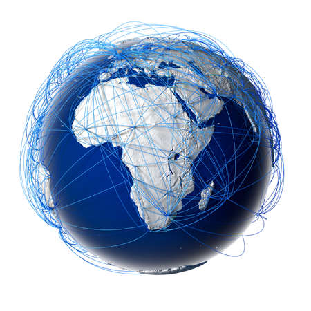 Earth with relief stylized continents surrounded by a wired networkの写真素材