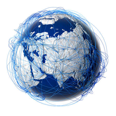 Earth with relief stylized continents surrounded by a wired networkの写真素材