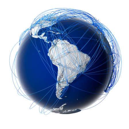 Earth with relief stylized continents surrounded by a wired networkの写真素材