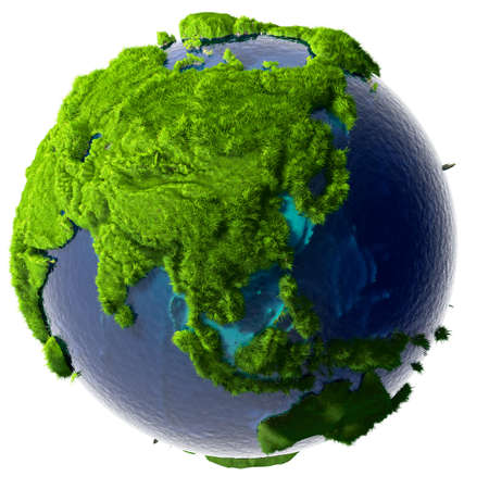 Earth with a pure transparent ocean is completely covered with lush green grassの写真素材