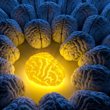 The concept of a unique intelligence and original idea - a brain emits luminous energy, and ordinary brains gathered aroundの写真素材